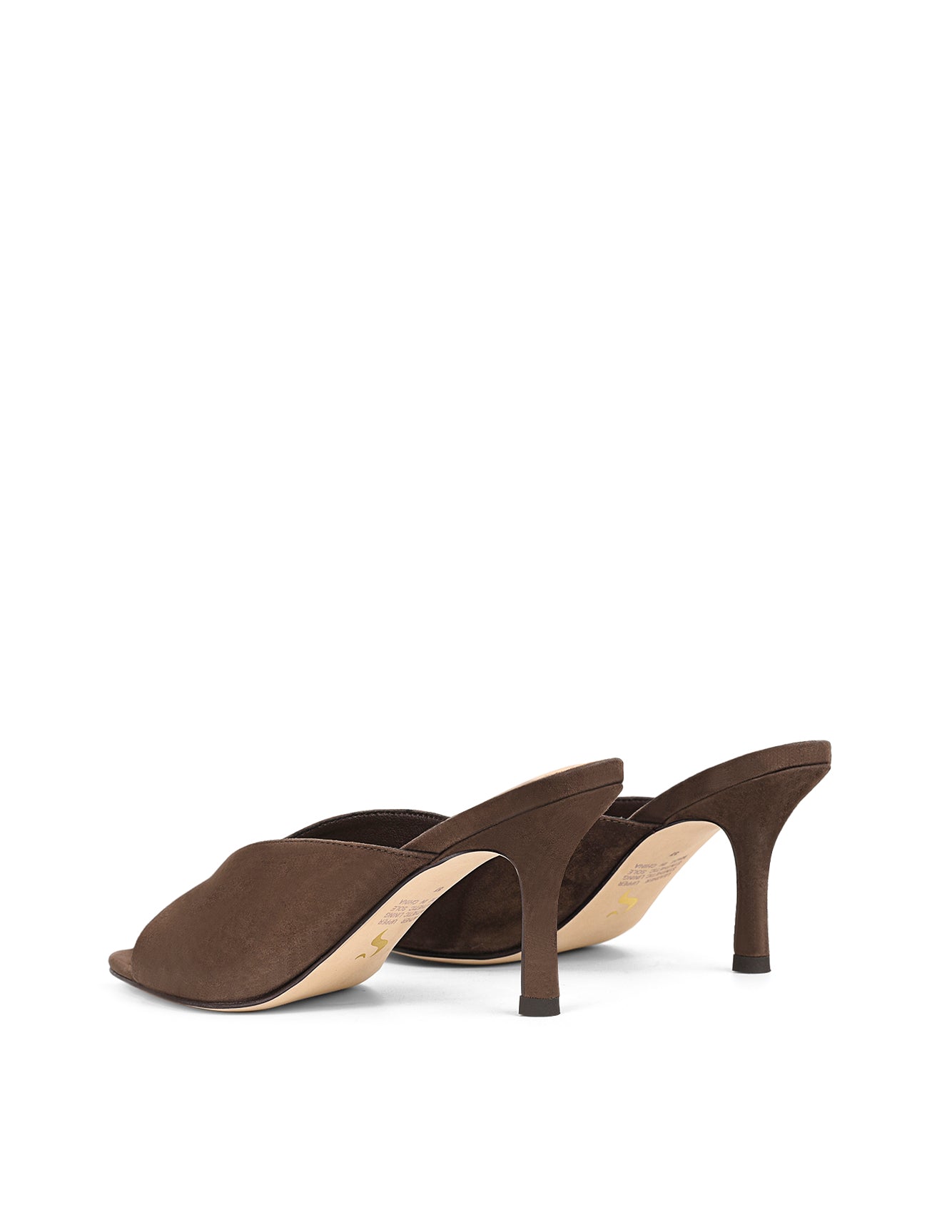 Women's chocolate suede stiletto mule with v cut throat