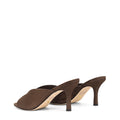 Women's chocolate suede stiletto mule with v cut throat