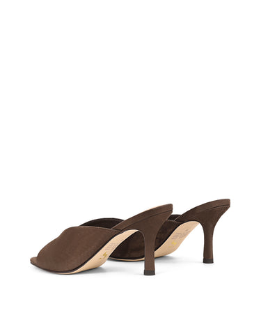 Women's chocolate suede stiletto mule with v cut throat