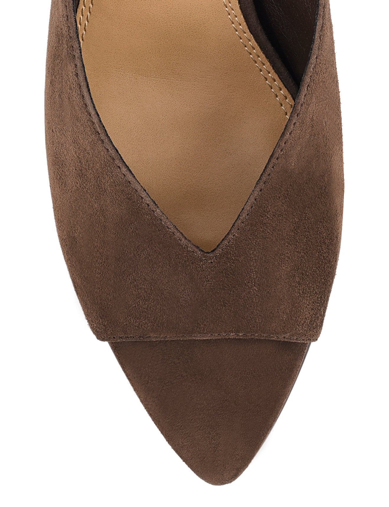 Women's chocolate suede stiletto mule with v cut throat