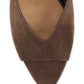Women's chocolate suede stiletto mule with v cut throat