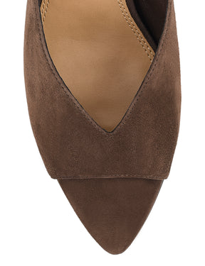 Women's chocolate suede stiletto mule with v cut throat