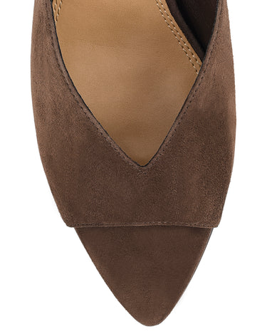 Women's chocolate suede stiletto mule with v cut throat