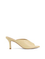 Women's heeled mule with v cut upper and pointed toe in custard yellow leather