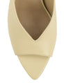 Women's heeled mule with v cut upper and pointed toe in custard yellow leather