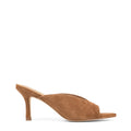 Women's tobacco tan suede stiletto heel mule with deep cut throat
