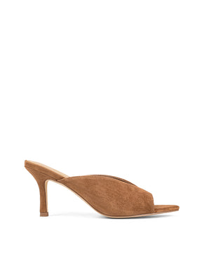 Women's tobacco tan suede stiletto heel mule with deep cut throat