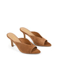 Women's tobacco tan suede stiletto heel mule with deep cut throat