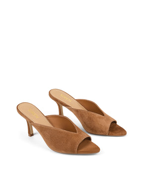 Women's tobacco tan suede stiletto heel mule with deep cut throat