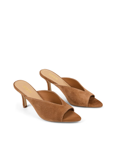 Women's tobacco tan suede stiletto heel mule with deep cut throat