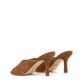 Women's tobacco tan suede stiletto heel mule with deep cut throat