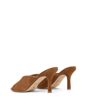 Women's tobacco tan suede stiletto heel mule with deep cut throat