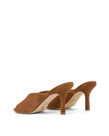 Women's tobacco tan suede stiletto heel mule with deep cut throat
