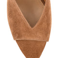 Women's tobacco tan suede stiletto heel mule with deep cut throat
