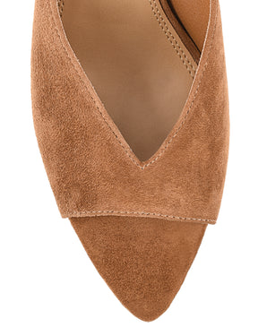 Women's tobacco tan suede stiletto heel mule with deep cut throat