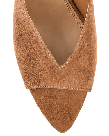 Women's tobacco tan suede stiletto heel mule with deep cut throat