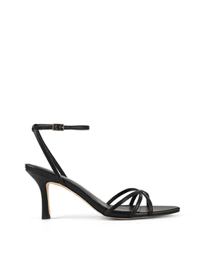 Women's Black high-heeled leather sandal on a white background