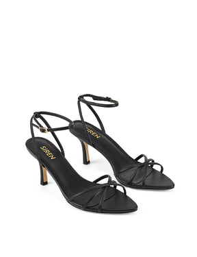 Women's Black high-heeled leather sandal on a white background