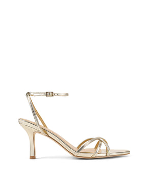 Women's METALLIC gold high-heeled leather sandal on a white background