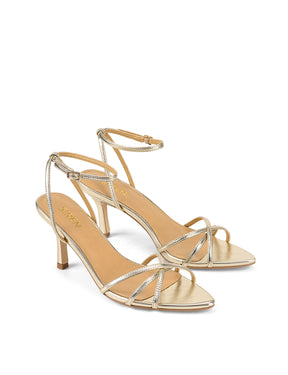 Women's METALLIC gold high-heeled leather sandal on a white background