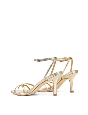 Women's METALLIC gold high-heeled leather sandal on a white background