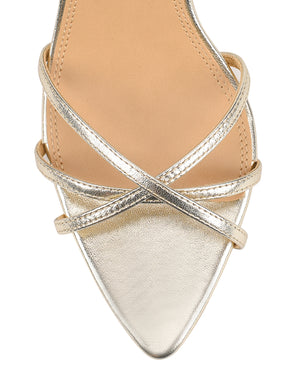 Women's METALLIC gold high-heeled leather sandal on a white background