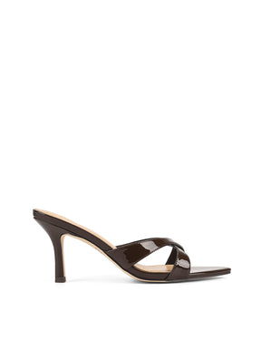 Women's chocolate brown strappy heeled mule with pointed toe