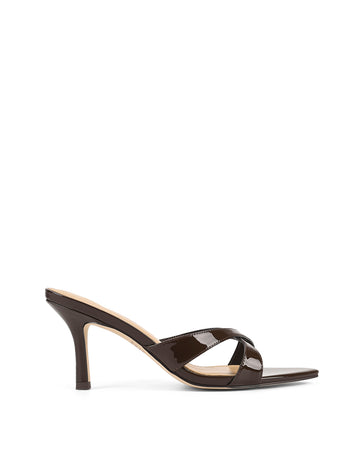 Women's chocolate brown strappy heeled mule with pointed toe