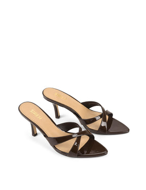 Women's chocolate brown strappy heeled mule with pointed toe