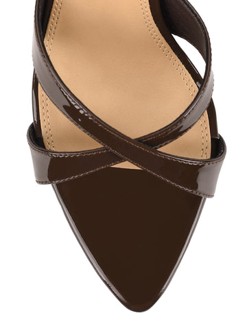 Women's chocolate brown strappy heeled mule with pointed toe