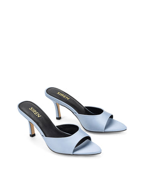 Women's blue satin open toe pointed stiletto nmule