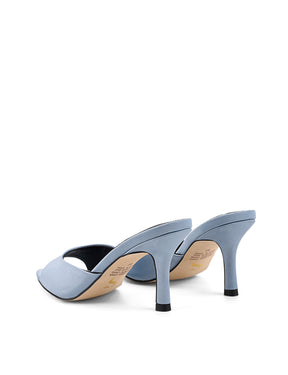 Women's blue satin open toe pointed stiletto nmule