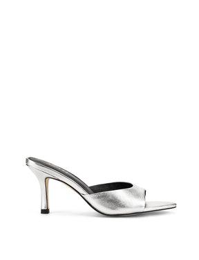 Women's silver metallic leather open toe pointed stiletto mule