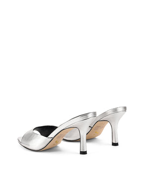Women's silver metallic leather open toe pointed stiletto mule