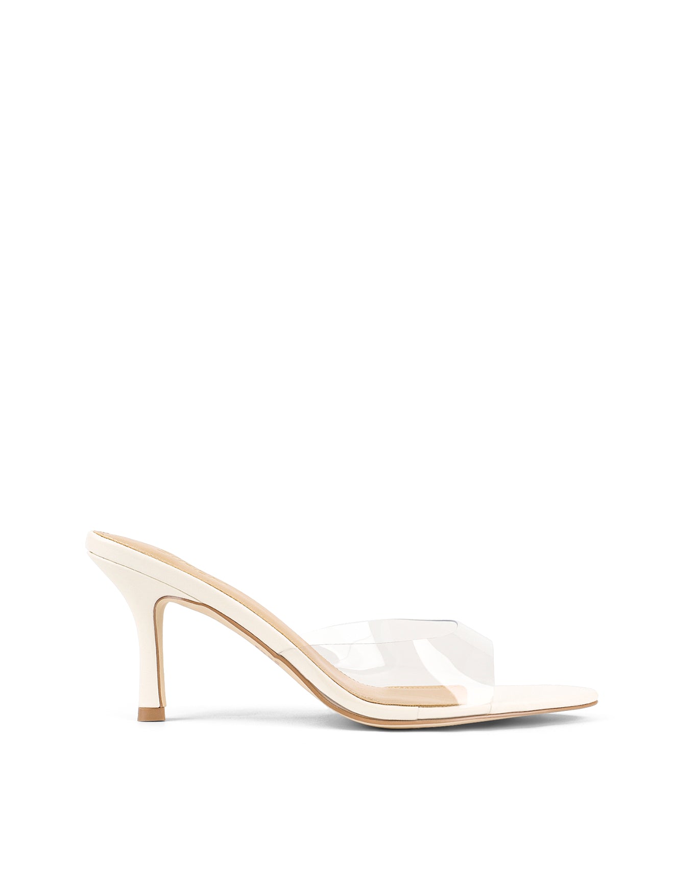 Women's low mid heel mules in chalk white leather with pointed toe and clear vinylite upper