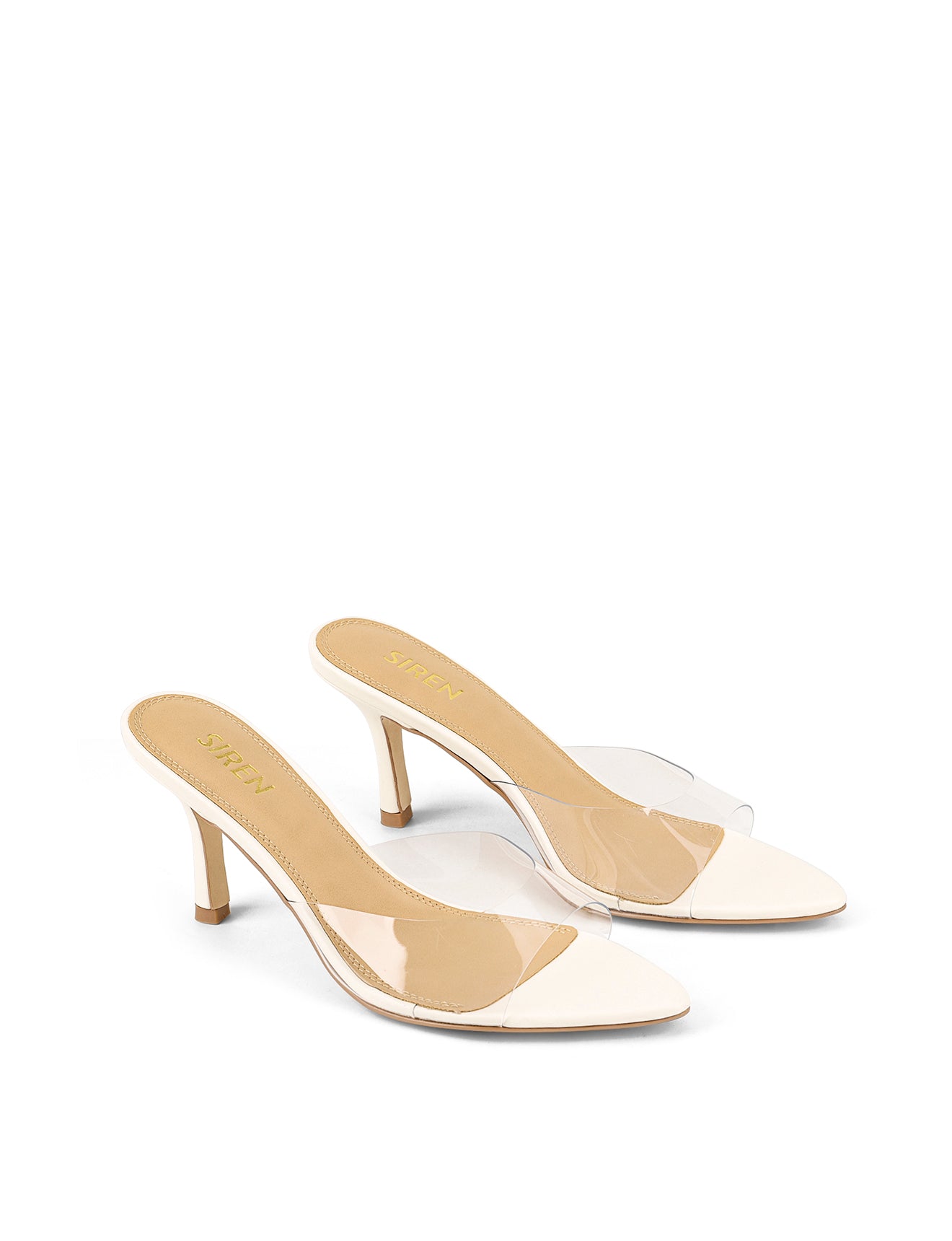 Women's low mid heel mules in chalk white leather with pointed toe and clear vinylite upper