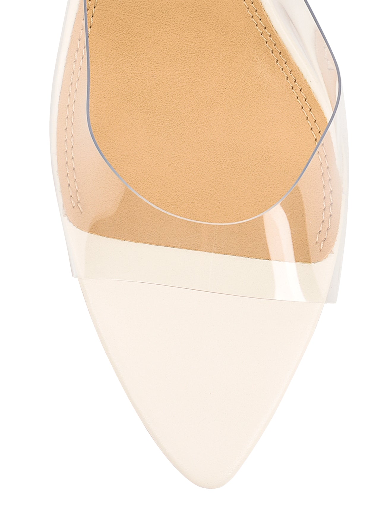 Women's low mid heel mules in chalk white leather with pointed toe and clear vinylite upper