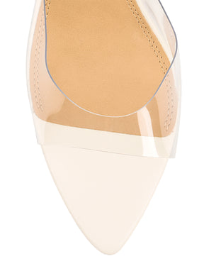Women's low mid heel mules in chalk white leather with pointed toe and clear vinylite upper