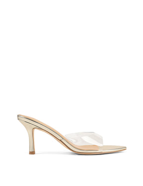 Women's low mid heel mules in gold metallic leather with pointed toe and clear vinylite upper