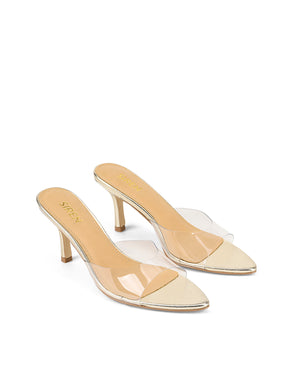 Women's low mid heel mules in gold metallic leather with pointed toe and clear vinylite upper