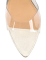 Women's low mid heel mules in gold metallic leather with pointed toe and clear vinylite upper