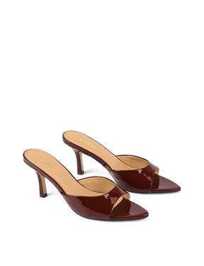 Women's low mid heel mules in red wine patent leather with pointed toe