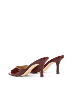 Women's low mid heel mules in red wine patent leather with pointed toe