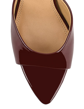 Women's low mid heel mules in red wine patent leather with pointed toe