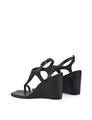 Women's black leather heeled wedge with gold metal toe ring details