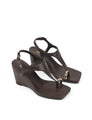 Women's chocolate brown leather heeled wedge with gold metal toe ring details