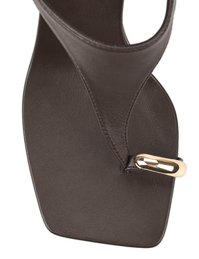 Women's chocolate brown leather heeled wedge with gold metal toe ring details