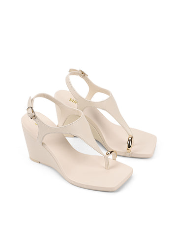 Women's cream white leather heeled wedge with gold metal toe ring details