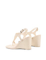 Women's cream white leather heeled wedge with gold metal toe ring details