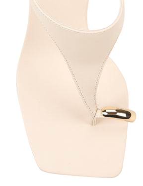 Women's cream white leather heeled wedge with gold metal toe ring details